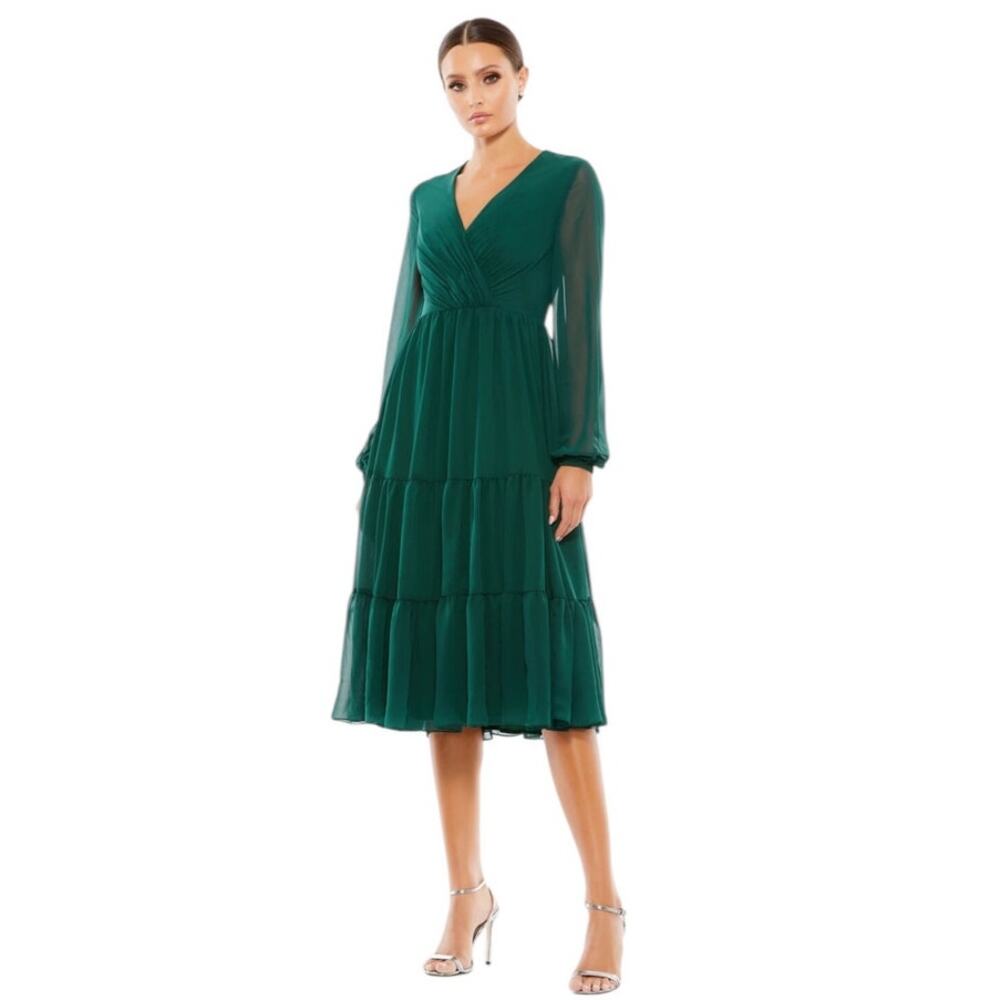 Mac Duggal NEW Size 0 Green Style 55637 Surplice Bodice Layered Skirt Midi Dress